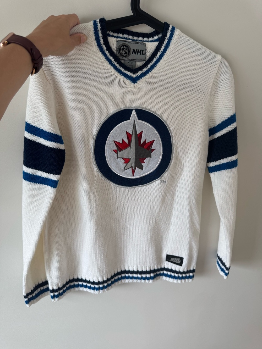 NHL Winnipeg Jets White Sweater with Navy and Red Accents